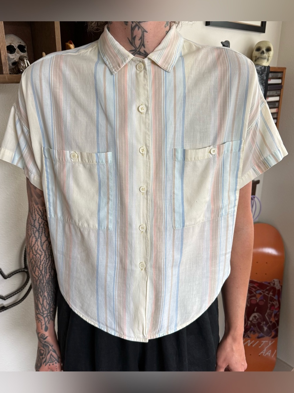 Vintage 90s Cropped Boxy Pastel Striped SS Button Down Shirt ~ Size Small